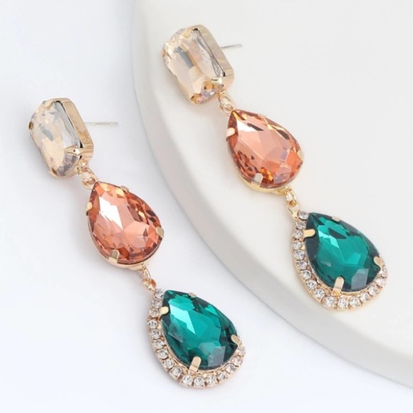 Multi-Color Rhinestone Jeweled Drop Earrings - Picture 1 of 12
